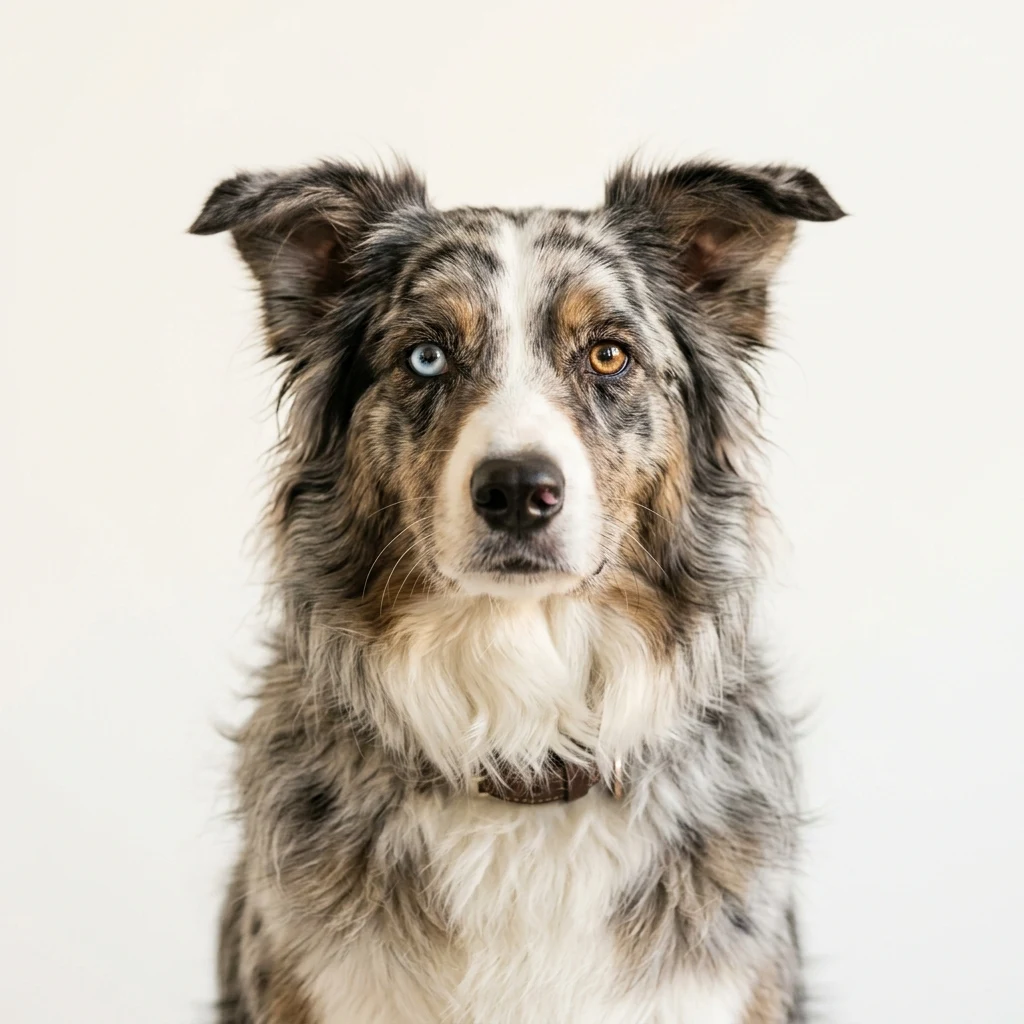 Australian Shepherd dog — studio head-and-shoulders portrait showing typical coat color and facial features