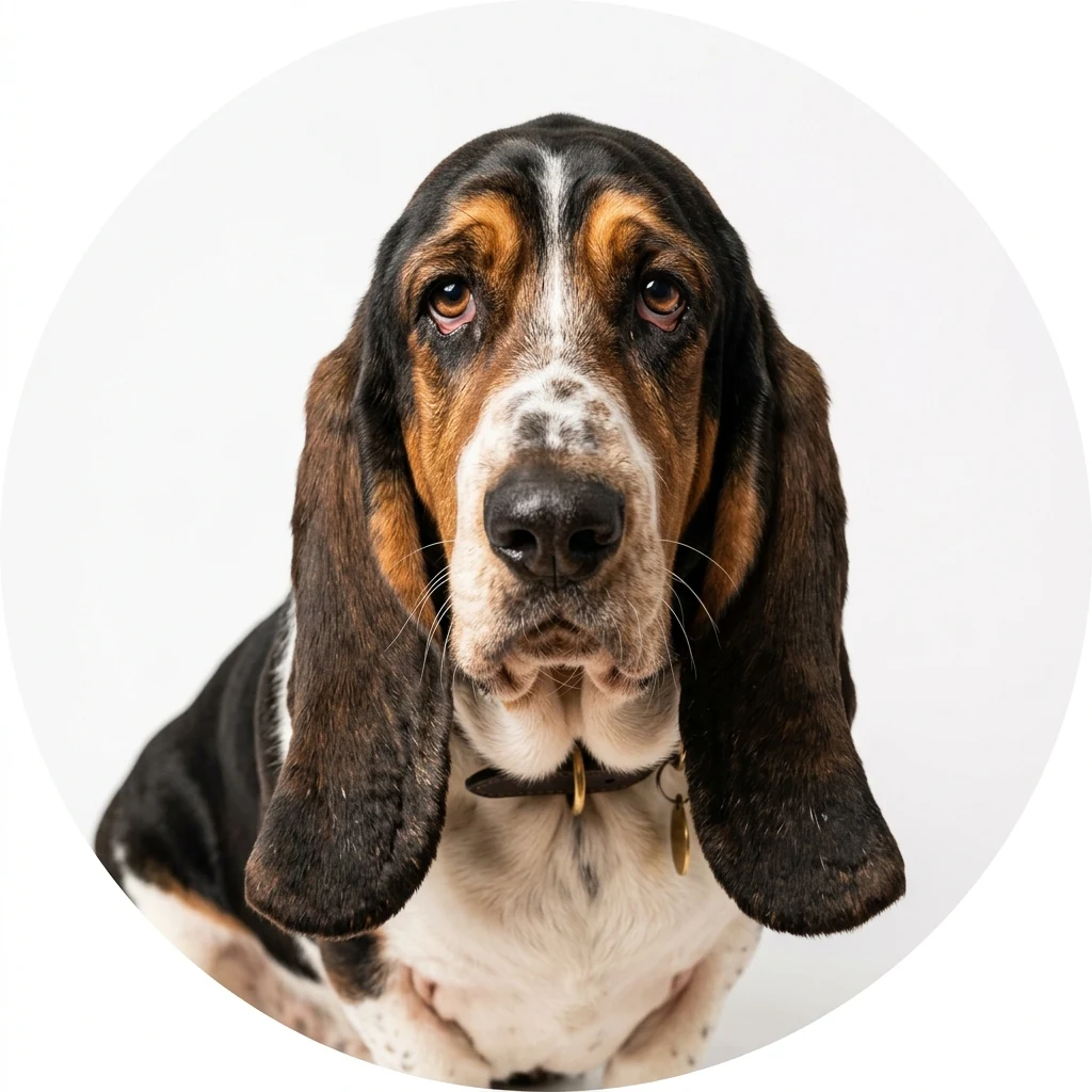 Basset Hound dog — studio head-and-shoulders portrait showing typical coat color and facial features
