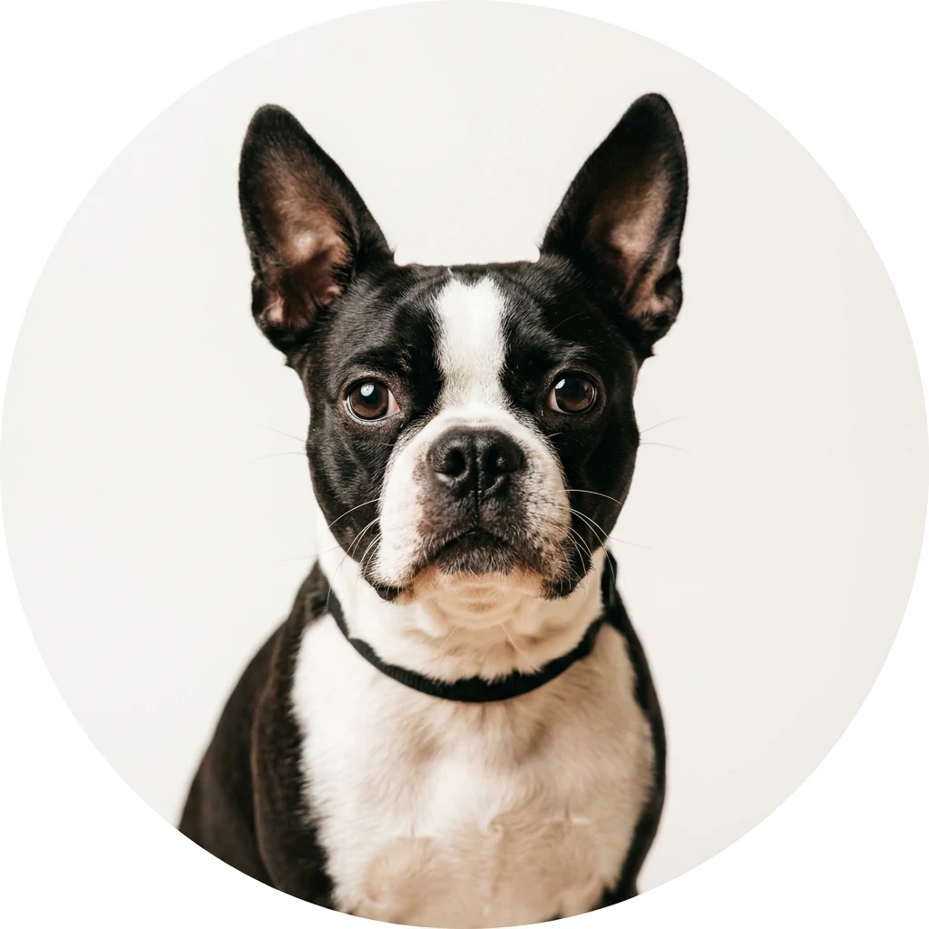 Boston Terrier dog — studio head-and-shoulders portrait showing typical coat color and facial features