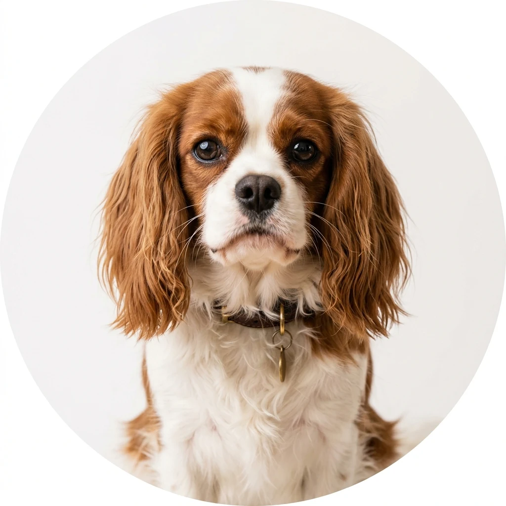 Cavalier King Charles Spaniel dog — studio head-and-shoulders portrait showing typical coat color and facial features