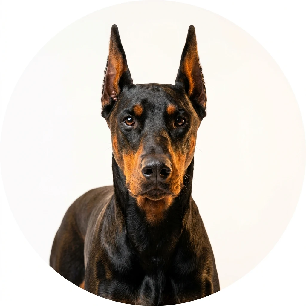 Doberman Pinscher dog — studio head-and-shoulders portrait showing typical coat color and facial features