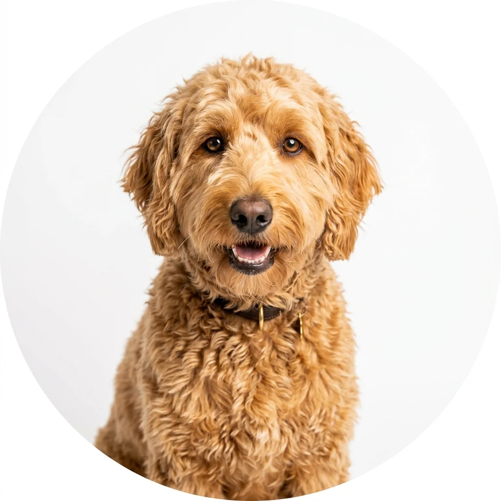 Goldendoodle dog — studio head-and-shoulders portrait showing typical coat color and facial features