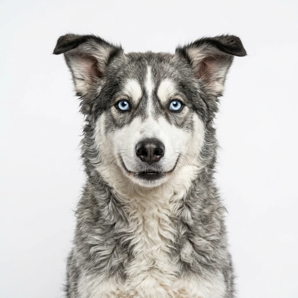 Huskydoodle dog — studio head-and-shoulders portrait showing typical coat color and facial features