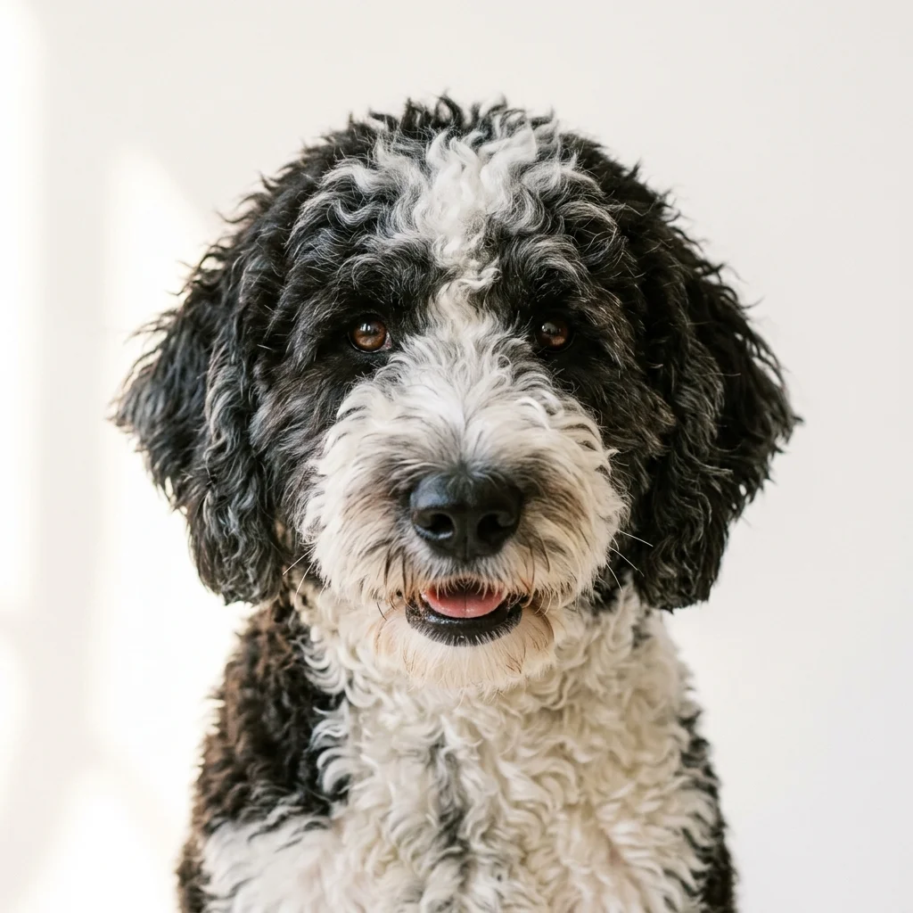 Sheepadoodle dog — studio head-and-shoulders portrait showing typical coat color and facial features