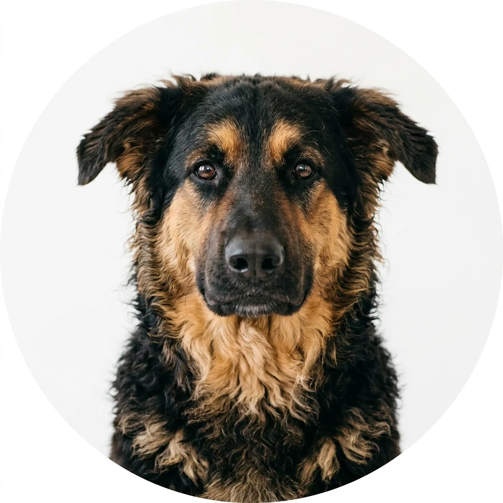Shepadoodle dog — studio head-and-shoulders portrait showing typical coat color and facial features